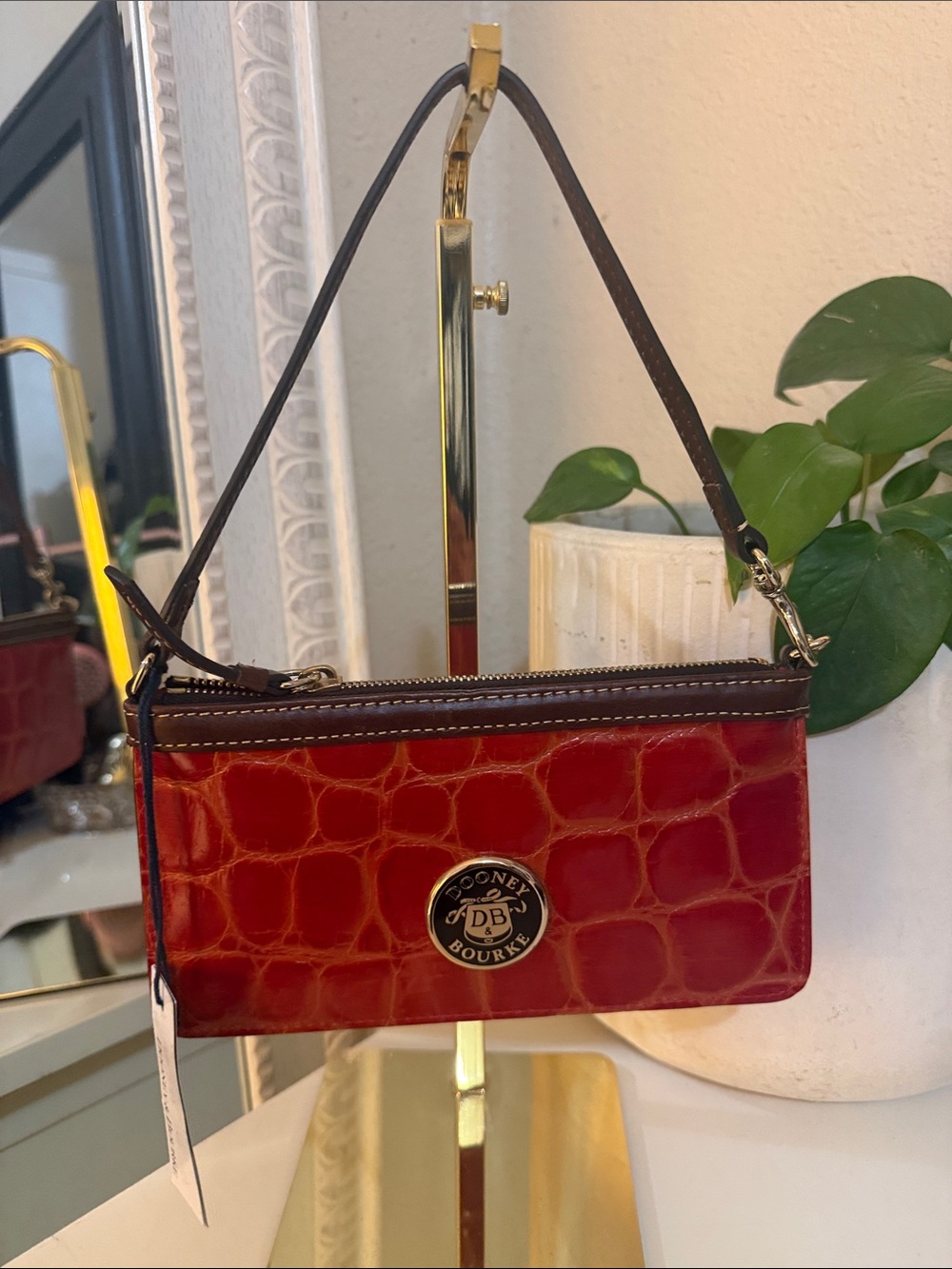 Dooney & Bourke Red Croc-Embossed Mini Wristlet with Brown Strap